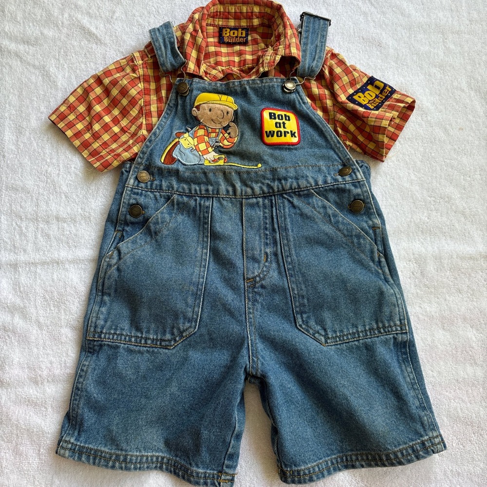 Vintage Bob the Builder Denim Overalls and Plaid Shirt Set Kids